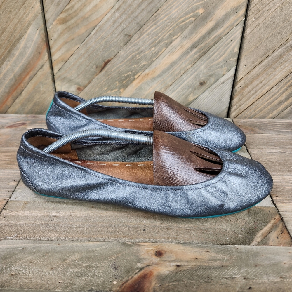 Tieks Metallic Gray Ballet Flats with Brown Fringe Accent